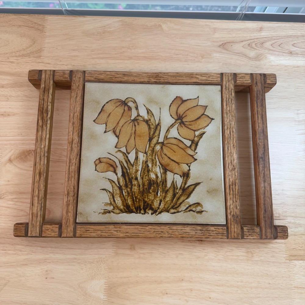 Vintage Ceramic Hot Plate Brown Floral Print Collectible Wooden Tile Trivet Boho